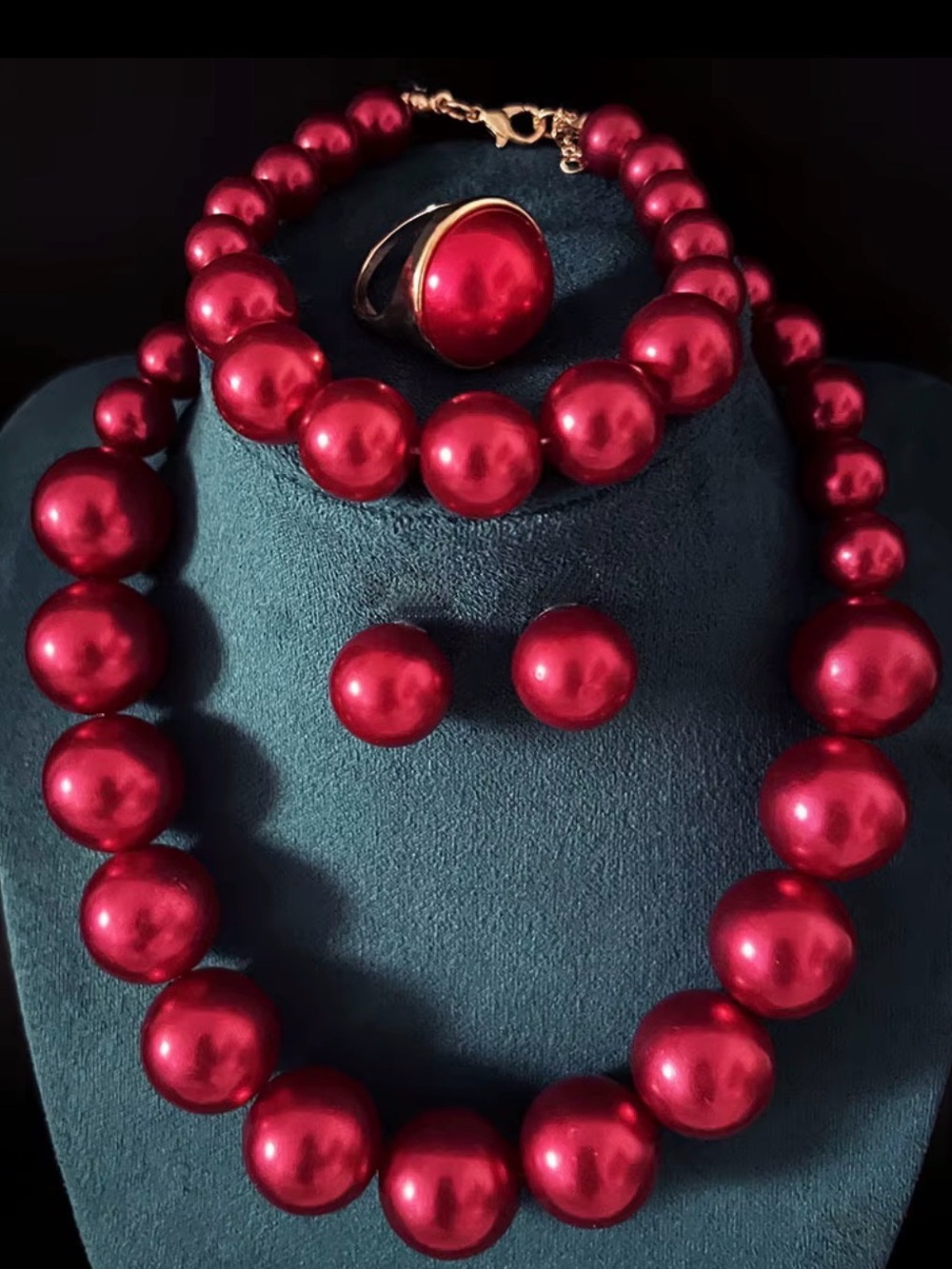 Classic Red Pearl Necklace Set with Matching Bracelet, Ring & Earrings